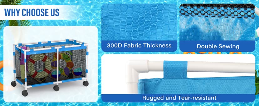 Pool Storage Bin - 235 Gallon 69" L Extra Large Pool Float Storage Organizer with Heavy Duty Tear & Sunlight Resistant Nylon Mesh, 360° Rolling Pool cart for Noodles,Toys,Floats,Balls