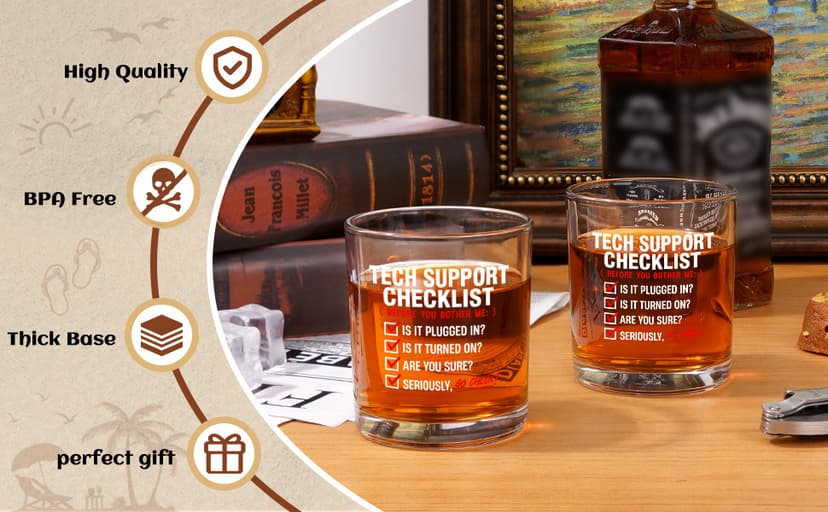 Futtumy Cool Tech Gifts for Men, 10OZ Tech Support Checklist Whiskey Glass, Best Tech Gifts for Men 2025 IT Tech Guys Him Computer Programmers Dad Father Husband Brother Boyfriend, Technology Gift