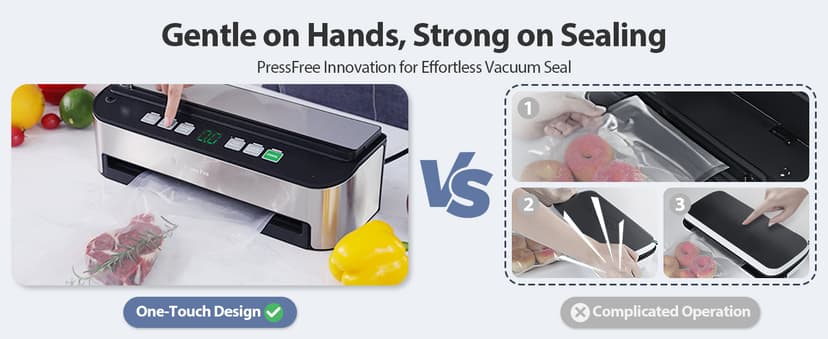 PressFree TRUE-Auto Vacuum Sealer Machine, Beelicious 85KPA Fully Automatic 8-IN-1 Food Sealer with Bags Storage, Build-in Cutter, Moist Mode and Air Suction Hose |Sous Vide | Digital Countdown