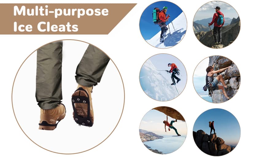HQcontL 2 Pairs Ice Cleats for Shoes and Boots, Universal Non Slip Hiking Spikes, Micro Shoe Spikes for Snow and Ice, Durable Snow Crampons for Winter Hiking Climbing Ice Fishing, 8 Steel Studs Gripper Spike