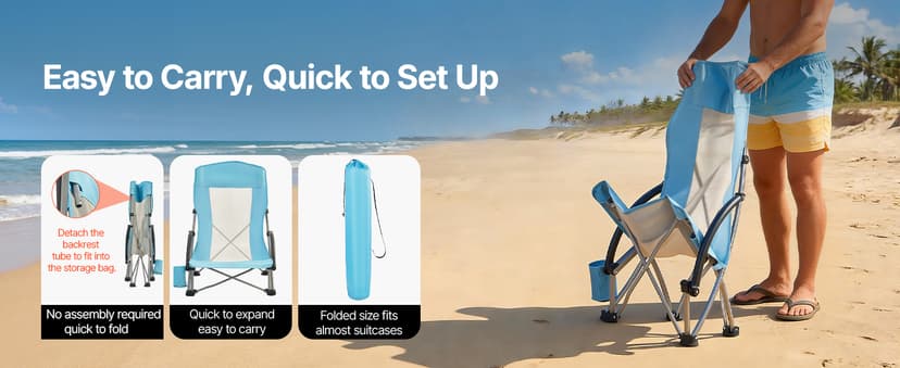 VEVOR Folding Beach Chair, High Back Camping Chairs for Adults, with Cup Pocket, Mesh Back, Carry Bag, Portable Extra Wide Seat Chair 330 lbs Heavy Duty Support, for Outdoor, Camp, Light Blue