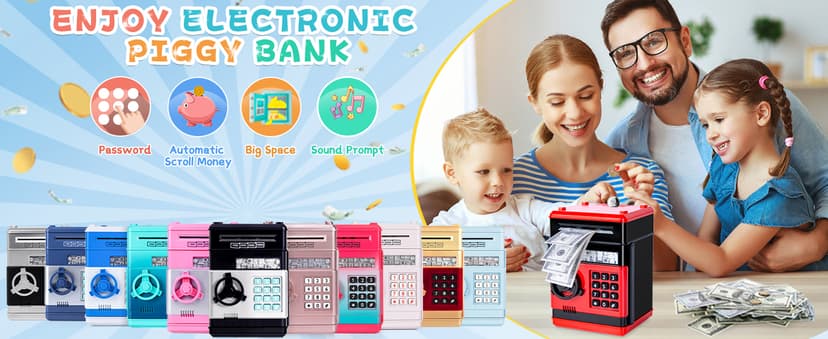 Refasy Piggy Bank Cash Coin Can ATM Bank Electronic Coin Money Bank for Kids Age 3-12, Money Savings Box Mini ATM Coin Bank Toys Gifts for 3 4 5 6 7 8 9 10 11 12 Year Old Boys Girls