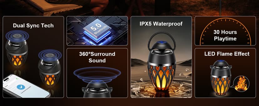 BT 5.0, Wireless Torch Lantern Atmosphere Decor for Patio Yard Pool Party Camp, Housewarming Gifts for Men/Women 2 Pack Outdoor Bluetooth Speakers with Flame Flickers Light IPX5 Waterproof B0B2W2FKLC