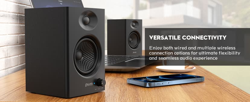OHAYO 60W Computer Speakers for Music and Gaming, Active Bluetooth 5.3, Stereo 2.0 Speakers for Desktop PC or Laptop, 3.5mm Aux RCA USB Input, 1 Pair, Black