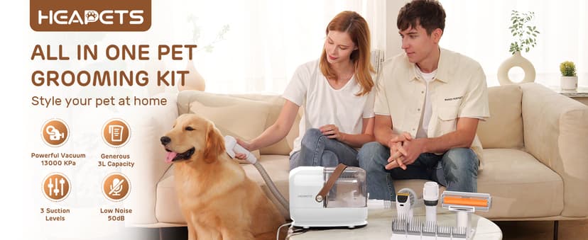 Dog Grooming Vacuum Kit - 3L Vacuum with 7 Tools, Low Noise Electric Clipper and Brush for Pet Shedding at Home, White