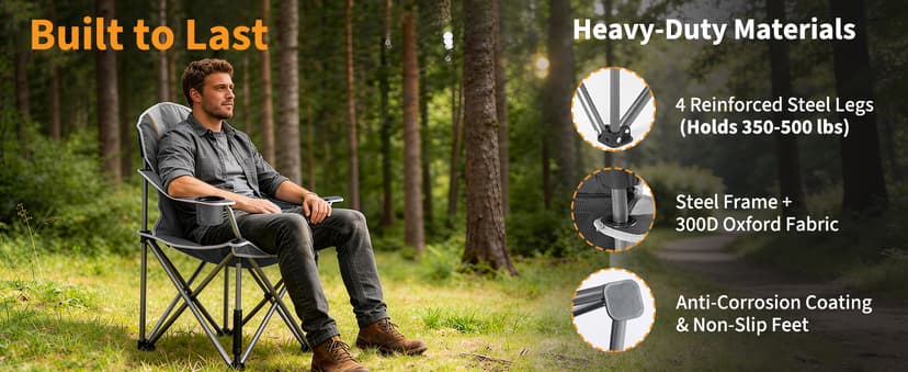 NEWBULIG Oversized Folding Camping Chair for Adults, Portable Outdoor Collapsible Chairs, 500 LBS Heavy Duty Support, with Cup Holders, for Lawn, Fishing, Hiking, Black