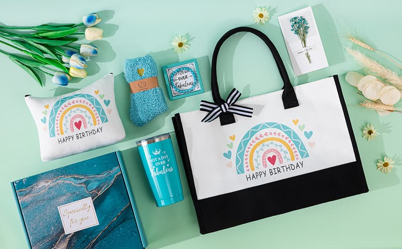 Birthday Gifts Basket for Women,Happy BD Box for Her,Tuning to a New Year Old Female Gifts Bag,Unique Canvas Tote Bag Bday Presents Set Ideas for Mom Best Friend Sister Aunt Teacher Coworker Grandma