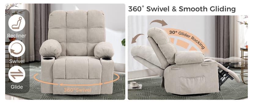 Quiet Massage Recliner Chair with Heat, 360 Swivel Rocker Glider for Nursing, Back Pain Relief, Manual Overstuffed Single Sofa with Cup Holders & Side Pockets, Oatmeal Gray