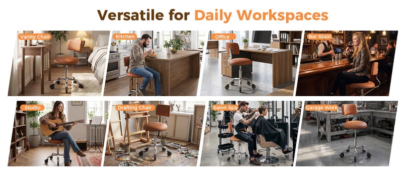 Rolling Stool Chair with Wheels, Office Drafting Chair with Back Support, Height Adjustable Standing Desk Stool with PU Leather Cushion for Home Office Kitchen Vanity Spa Garage Tattoo Dentist, Camel