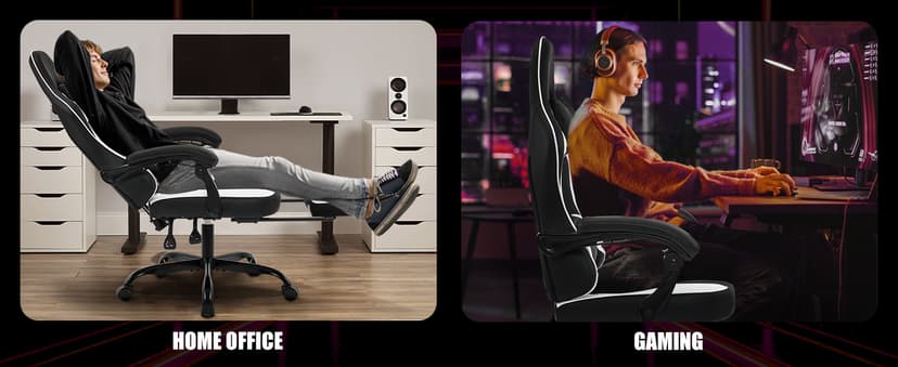 Gaming Chair with Footrest, Reclining Video Game Chairs for Adults with Lumbar Support, Linkage Armrests, Ergonomic Computer Chair for Gaming or Office, PU Black-White