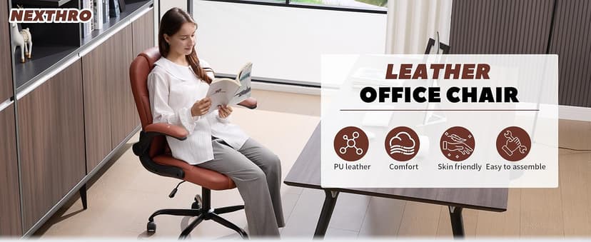 Executive Office Chair PU,Leather Office Chair with Wheels,360° Swivel Rolling Chair with Padded Arms,Ergonomic Computer Chair with Lumbar Support for Short People Use(Brown)