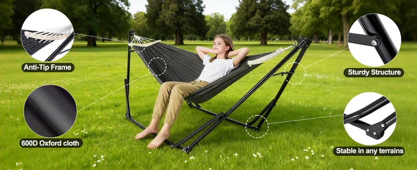 2-in-1 Hammock & Swing Chair for Teens – Adjustable Folding Chair with Collapsible Steel Stand, Portable for Camping, Travel, Patio & Indoor Use, Includes Carrying Case, Supports 440 LBS