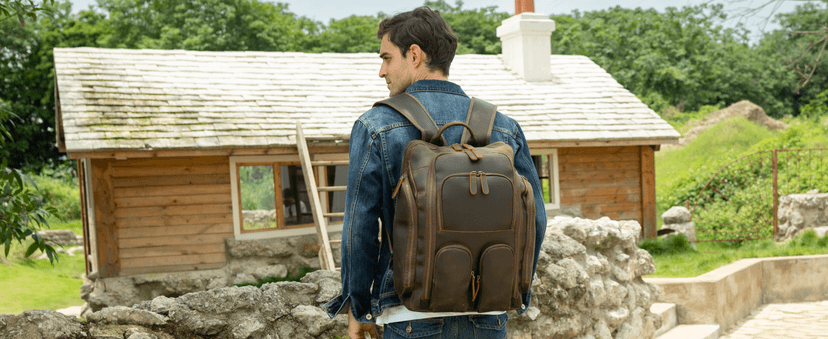 Masa Kawa Leather Backpack for Men with 16" Laptop & Camera Lens Sleeve, Multi Pockets Weekend Trip Business Travel Overnight Camping Bag, Vintage Brown