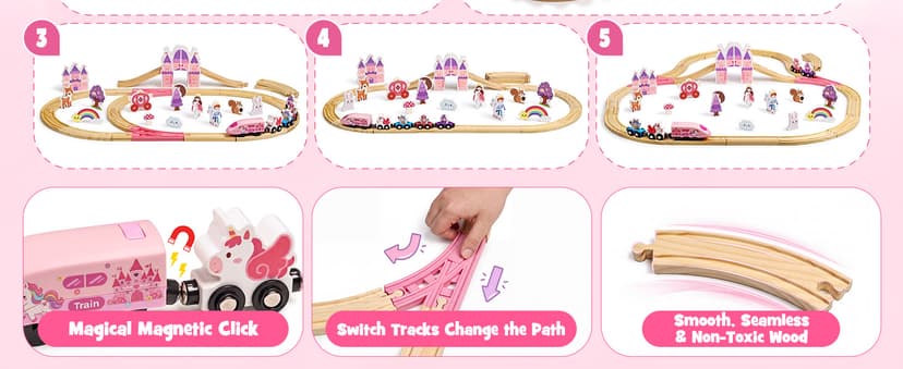 Pink Train Track Set Fairy Theme with Multiple Layouts, Birthday Gift Toys for Girls 3 4 5 6 Year Old Wooden Train Set Electric, 50 PCS Unicorn Princess Wood Track for Girls B0HDSGBW7S