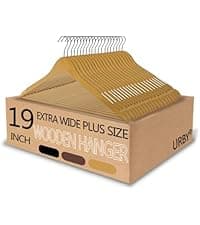 Urby Extra Wide Hangers for Plus Size Clothes, Ganchos para Colgar Ropa,19 Inch Plus Size Hangers Ideal for XL, XXL Shirts, Coats, Dresses, Etc. Wood. Natural 10pk