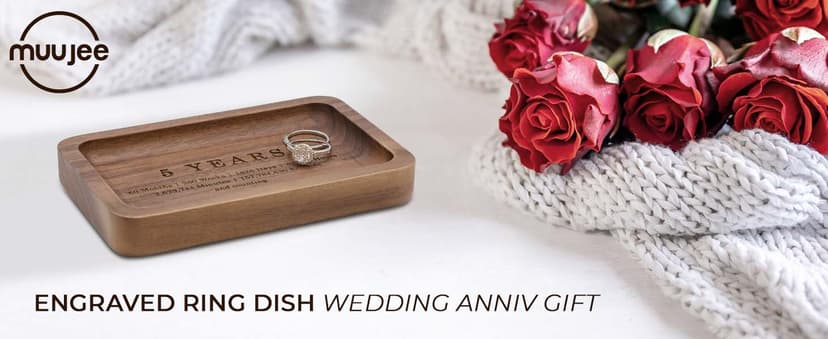 MUUJEE Ring Dish - Engraved Rectangle Wood Tray Small Jewelry Dish 5 Year Wedding Anniv Gifts Ideas (Small - 5.5 x 3.5 inches)