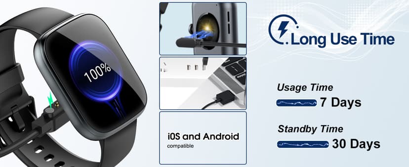 Puqo Puqo Smart Watches for Men Women, 1.95" HD Touchscreen Fitness Tracker with Bluetooth Calls, IP68 Waterproof, 120+ Sport Modes, 7-Day Battery, 24/7 Heart Rate & Sleep Monitor for Android iOS (Blue)