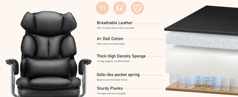 Sweetcrispy Executive Home Office Desk Chair - Ergonomic Big Tall High Back with Footrest & Lumbar Support, Reclining Height Adjustable, Comfy PU Leather Computer Gaming with Swivel Wheels, Black