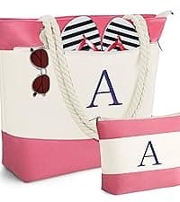 YOOLIFE Beach Bags for Women - Initial Canvas Tote Waterproof Bag with Makeup Bag Gifts for Women Mom Friend Birthday Her