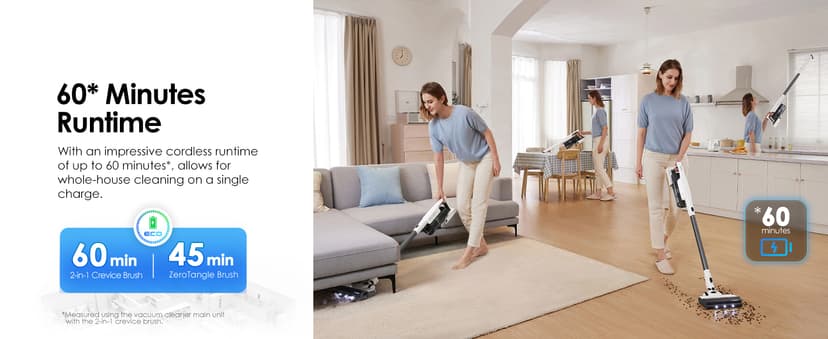 Tineco A30S Cordless Stick Vacuum Cleaner, 160W Suction, 60Min Runtime, 1L Larger Dustbin, ZeroTangle Brush, PureCyclone Tech, LED Headlight, White