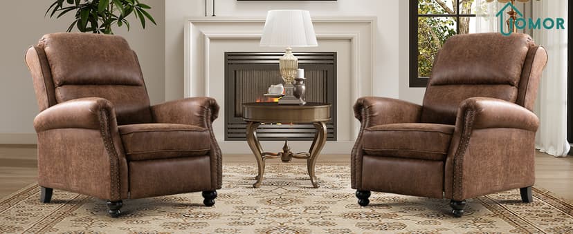 IOMOR Push Back Recliner Chair Faux Leather Lounge Armchair with Rivet Decoration Wingback Single Sofa Chair with Padded Seat Solid Wood Legs for Living Room, Chocolate