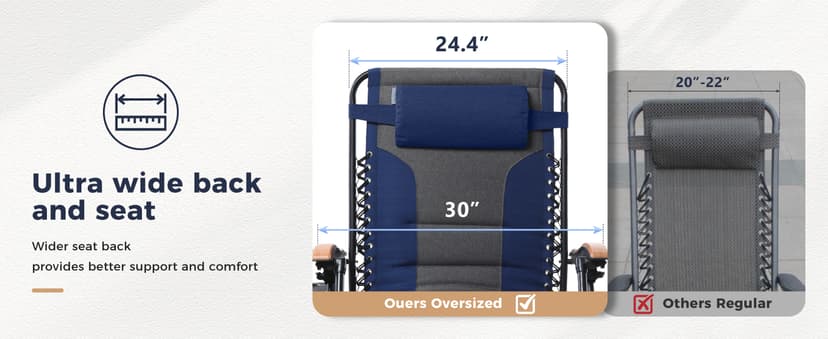 MAISON ARTS Oversized XXL Padded Zero Gravity Chair, 30" Wide Seat Foldable Patio Recliner, Anti Gravity Outdoor Lawn Chair with Cup Holder & Pillow, Supports 400lbs, Blue & Grey