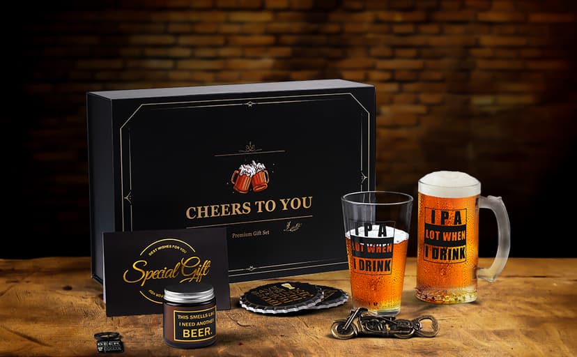 Beer Gifts for Men, Gift Basket for Beer Lovers, Gifts Box for Dad Husband Boyfriend Grandpa, Anniversary Wedding Birthday Gifts for Him incl. Beer Glass Bottle Opener Coaster Keychain