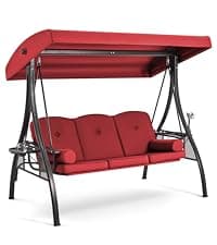 HOMREST 3 Seat Outdoor Porch Swing with Adjustable Canopy, Convertible Patio Swing Bed with Stand, Patio Glider Swing with Upgraded Cup Holder, Thicken Cushions & Pillow for Backyard(Wine Red)