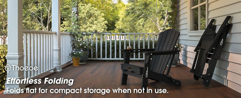 THOEOE Folding Adirondack Chair,HDPE All-Weather Outdoor Chair with Cup Holder,Wooden Textured,Fire Pit Chair,Plastic Patio Chair for Deck,Backyard,Garden,Lawn, Black