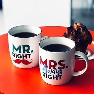 Triple Gifffted Mr Right Mrs Always Right Coffee Mugs Gifts Ideas for Couples, Wedding Anniversary, Engagement, Christmas, His & Hers, Bride and Groom, Parents, Newlyweds Bridal Shower, Ceramic 380ml