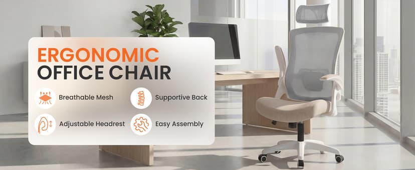 NEO CHAIR Office Desk Chair Gaming Computer High Back Support Mesh Comfy Seat with Adjustable Ergonomic Headrest Lumbar Rolling Flip-up Armrests and Wheels (Beige)