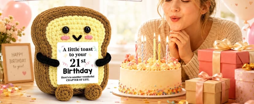 A Little Toast to Your 21st Year Old Birthday Gifts for Friend Sister Daughter Girls, Happy 21st Bday Decor Female Gift Ideas 21st Birthday Gifts for Women Her Funny Handmade Crochet Toast with Card B0HGLC5JWW
