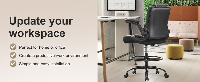 Ergonomic Drafting Chair,Tall Office Chair for Standing Desk with Flip-Up Armrests,Adjustable Foot Ring & Height, High Leather Executive Office Chair for Home,Drawing or Counter Height Use