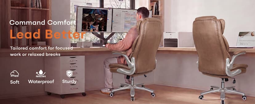 GYI Big and Tall Office Chair 400lb Wide Seat, Ergonomic High Back Leather Executive Desk Chair with Flip-up Arms, Brown