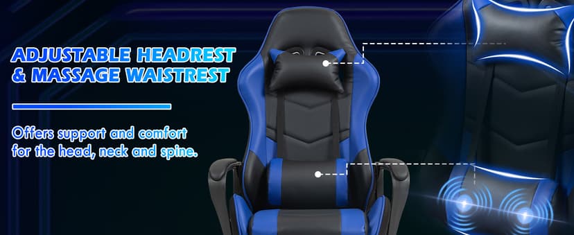 ECOTOUGE Gaming Chair, Ergonomic Video Game Chair with Massage Lumbar Support & Rocking High Back, 360° Swivel Computer Gamer Chair for Gaming or Office, Height Adjustable, Blue