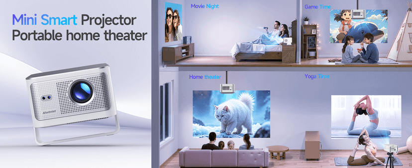 Mini Projector with Wifi and Bluetooth, Outdoor Portable Proyector 4/8K Support, 600ANSI/ 1080P/ Obstacle Avoidance/ Auto Focus, Smart Alwtniet HY350Max for Bedroom Movie HDMI/USB/Smartphone/Laptop B0G398YVW3