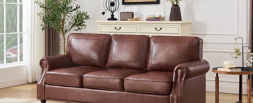 Kingfun Mid-Century Modern Couch, Faux Leather Sofa, 3 Seater Couch for Living Room with Rolled arms & Nailhead Trim, Dark Coffee