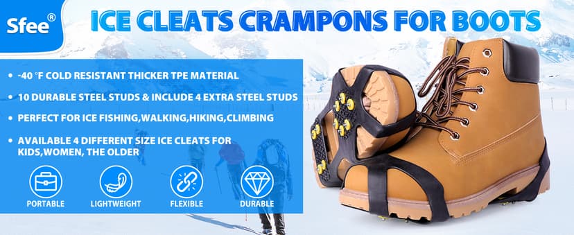 Sfee Ice Cleats for Boots Shoes, Snow Grips Cleats for Ice and Snow Anti-Slip Rubber Traction Cleats for Walking on Snow and Ice 10 Steel Studs Crampons for Hiking, Walking, Climbing, Jogging