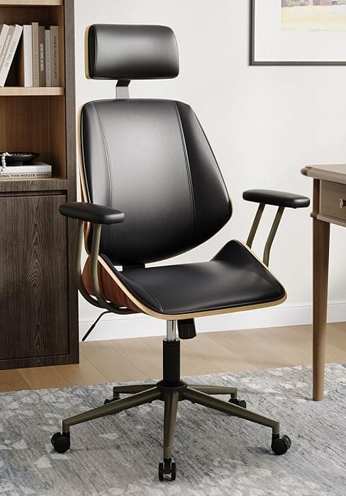 Mid Century Modern Office Chair, Fixed Back Rolling Desk Chair with Armrests and Walnut Back, Adjustable Height for Home Office, Beige