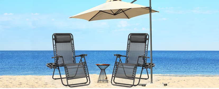 Sweetcrispy Zero Gravity Chairs, Set of 2 Portable Recliner Beach Camping Patio Outdoor Folding Lounge Chair with Cup Holder Trays and Adjustable Pillow for Poolside, Garden, Backyard, Lawn (Black)