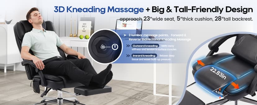 500LBS Massage Office Chair with Foot Rest, 3D Kneading Massage Home Office Desk Chairs, 22.83” Wide Big and Tall Office Chair for Heavy People, Ergonomic Reclining Gaming Chairs, Black