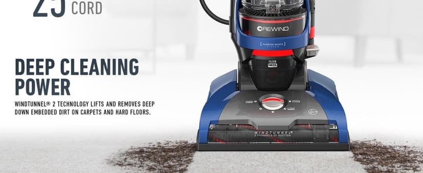 Hoover WindTunnel 2 Whole House Rewind Bagless Vacuum Cleaner, Corded Upright Vac, HEPA Media Filtration, Blocks Allergens and Absorbs Odors, Corded Vacuum Cleaners for Home Use