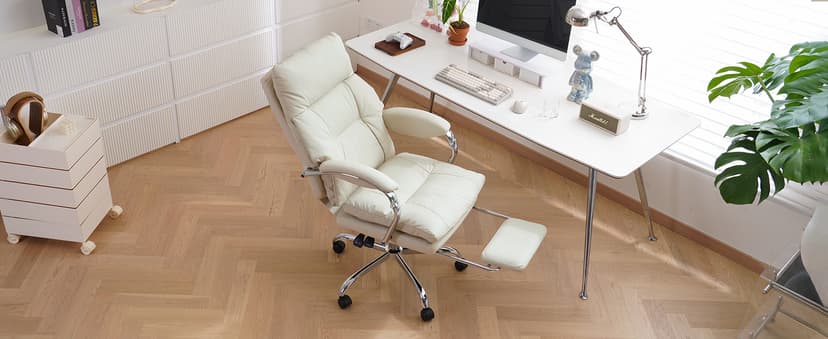 LEAGOO Office Chair with Foot Rest, Ergonomic Executive Office Chair with Arms, Reclining High Back PU Leather Comfy Swivel Computer Desk Chairs with Wheels and Lumbar Support for Home Office, Cream