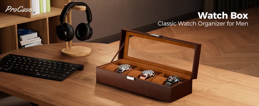 ProCase ProCase Watch Box, 6 Slot Mens Watch Case, Watch Storage Holder Organizer, Watch Display Case with Glass Lid, Anniversary Birthday Valentine Gifts for Men Women -6 Slot, Espresso