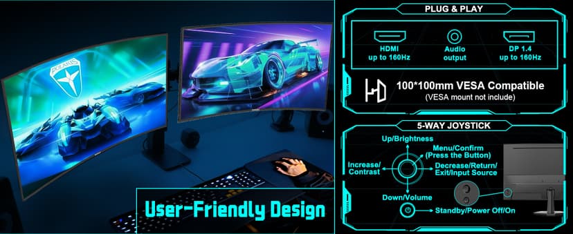 SANSUI 27 Inch Curved 160Hz Gaming Monitor, 1500R Curved Computer Gaming Monitor FHD 1080P, 4000:1, 110% sRGB, FPS/RTS, 1Ms MPRT|FreeSync|HDR|Low Blue Light|HDMI DP| VESA Support, HDMI Cable Incl.