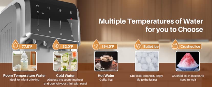 EXCELPURE 5-in-1 Bottom Loading Water Dispenser with Ice Maker, 3 Temperatures Settings - Hot, Cold and Room Water Cooler for 5 Gallon Bottle, Child Safety Lock, 35lbs/24H, WiFi, Stainless Steel