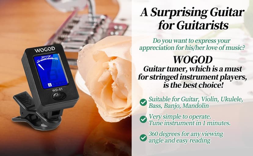 Guitar Tuner Clip on Ukulele Violin Tuner - Chromatic Tuner for Bass Electric Acoustic Guitar Tuner