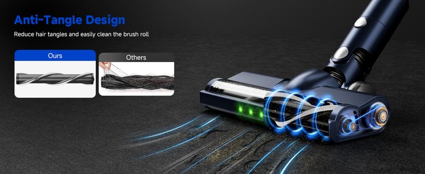 Cordless Vacuum Cleaner, Powerful Suction Vacuum Cleaners for Home, Anti-Tangle Pet Hair Brush, Lightweight, Self-Standing, Green LED Headlight, 6-in-1 Stick Vacuum for Carpet Hardwood Floor-Dark Blue