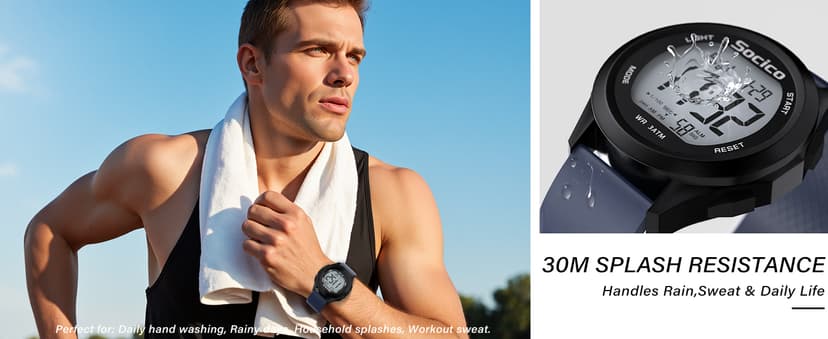SOCICO Mens Digital Watch Sports Waterproof Outdoor Large Face Military Watches with Stopwatch Back Light Alarm Date Display