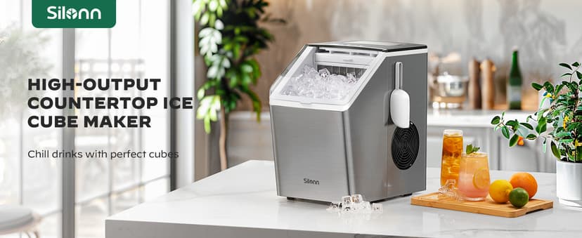 Silonn Ice Makers Countertop, 44lbs Per Day, 2 Ways to Add Water, Auto Self-Cleaning, Stainless Steel Ice Machine for Home Office Bar Party